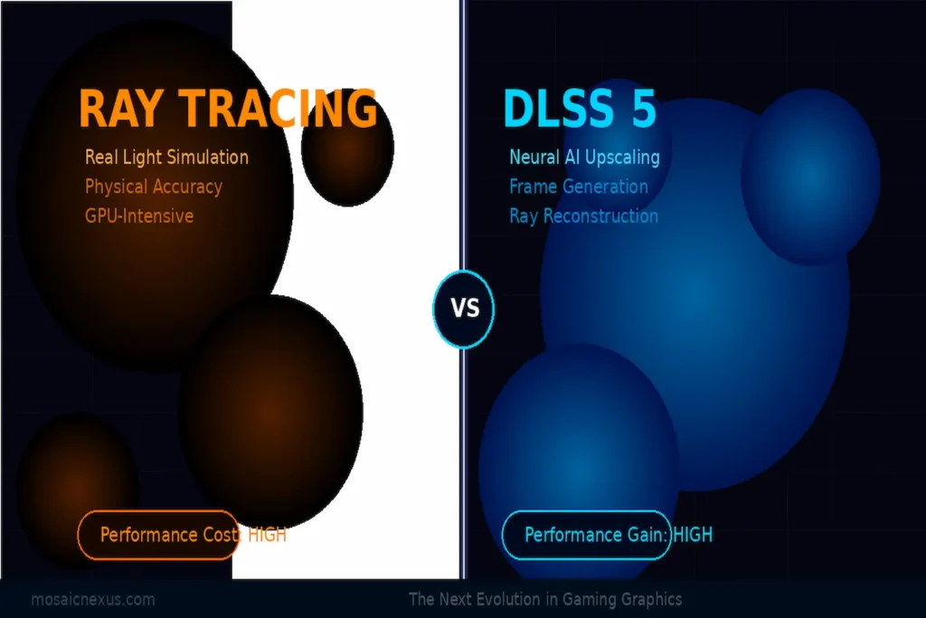 DLSS 5 vs Ray Tracing comparison showing GPU rendering quality split screen