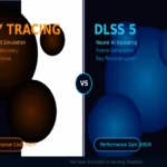 DLSS 5 vs Ray Tracing comparison showing GPU rendering quality split screen